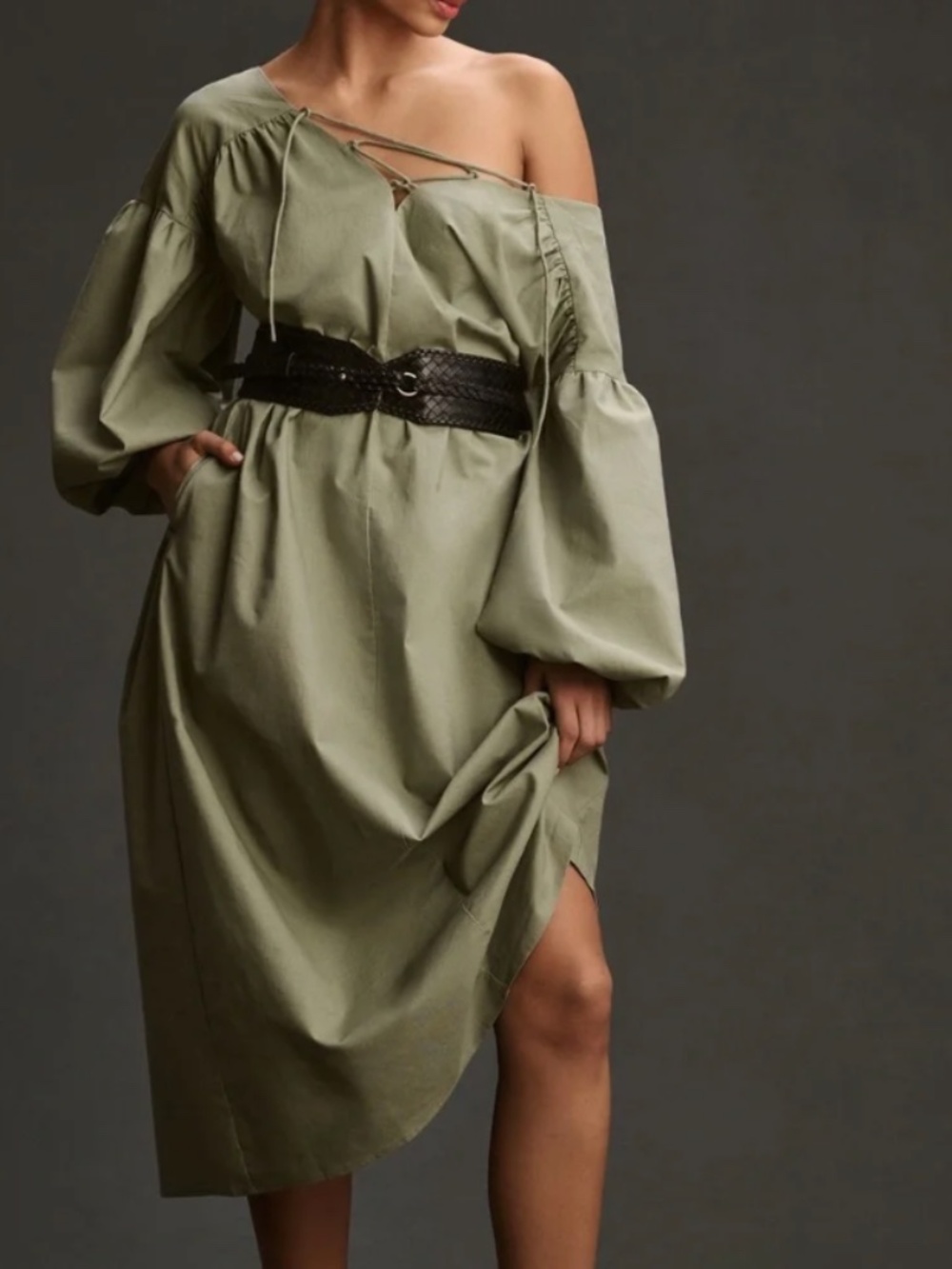 Anthropologie Mare Mare Linen Blend Bubble Sleeve Lace Up Midi Dress 1X - Picture 3 of 7